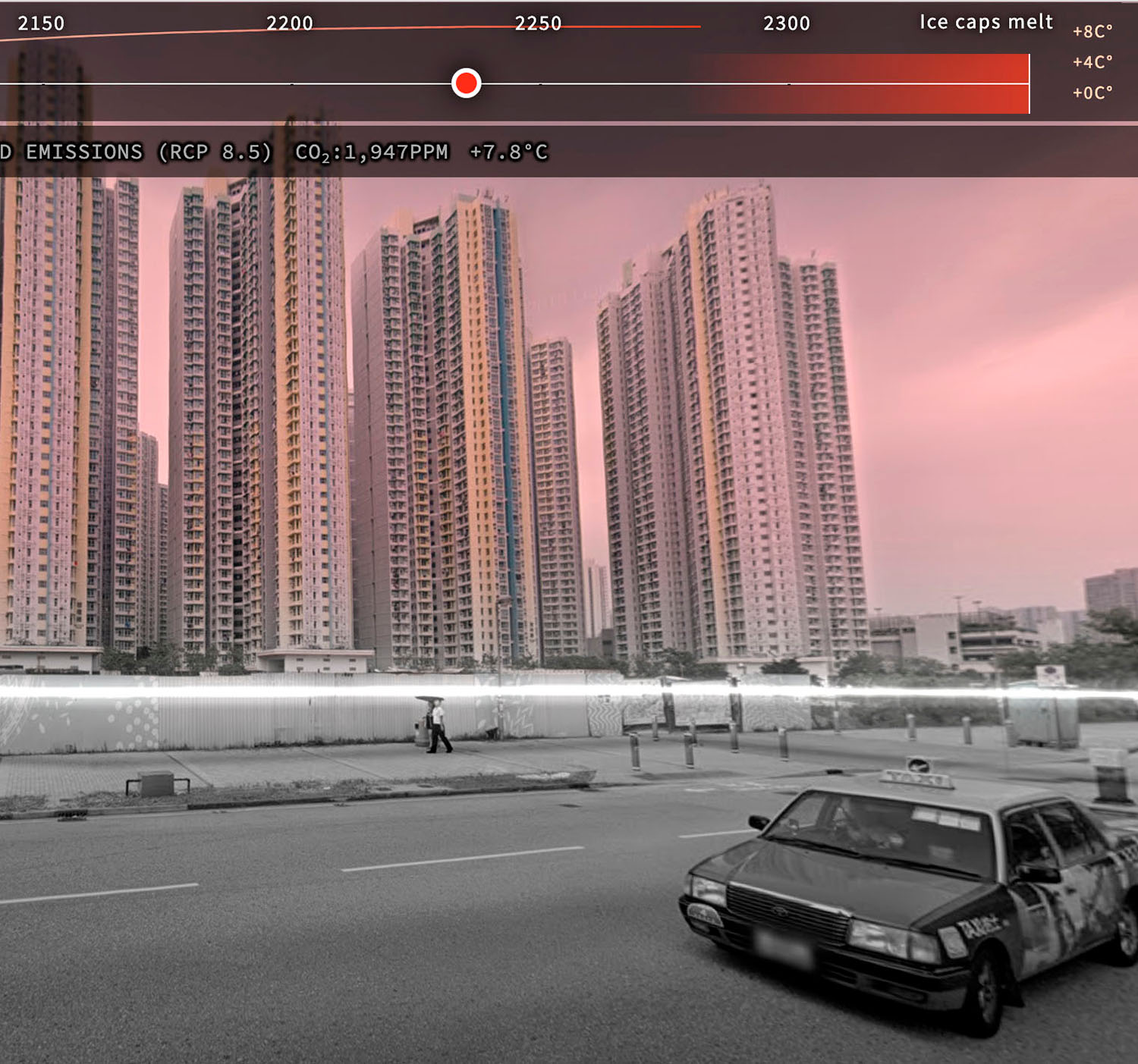 Detail of interactive visualization, showing street view of Hong Kong highrise apartments with superimposed light line indicating sea level.