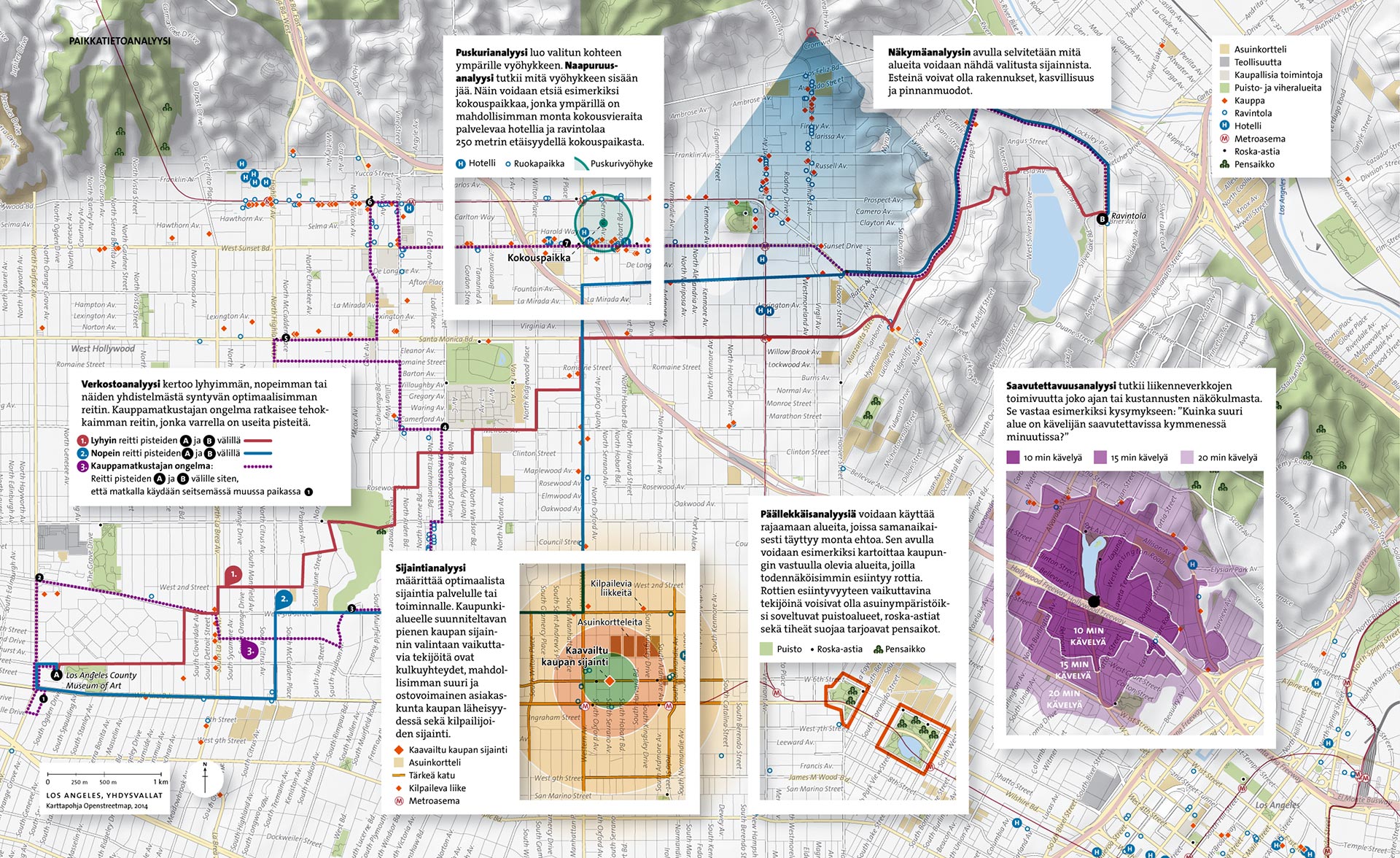 Map explaining different forms of geospatial analysis.